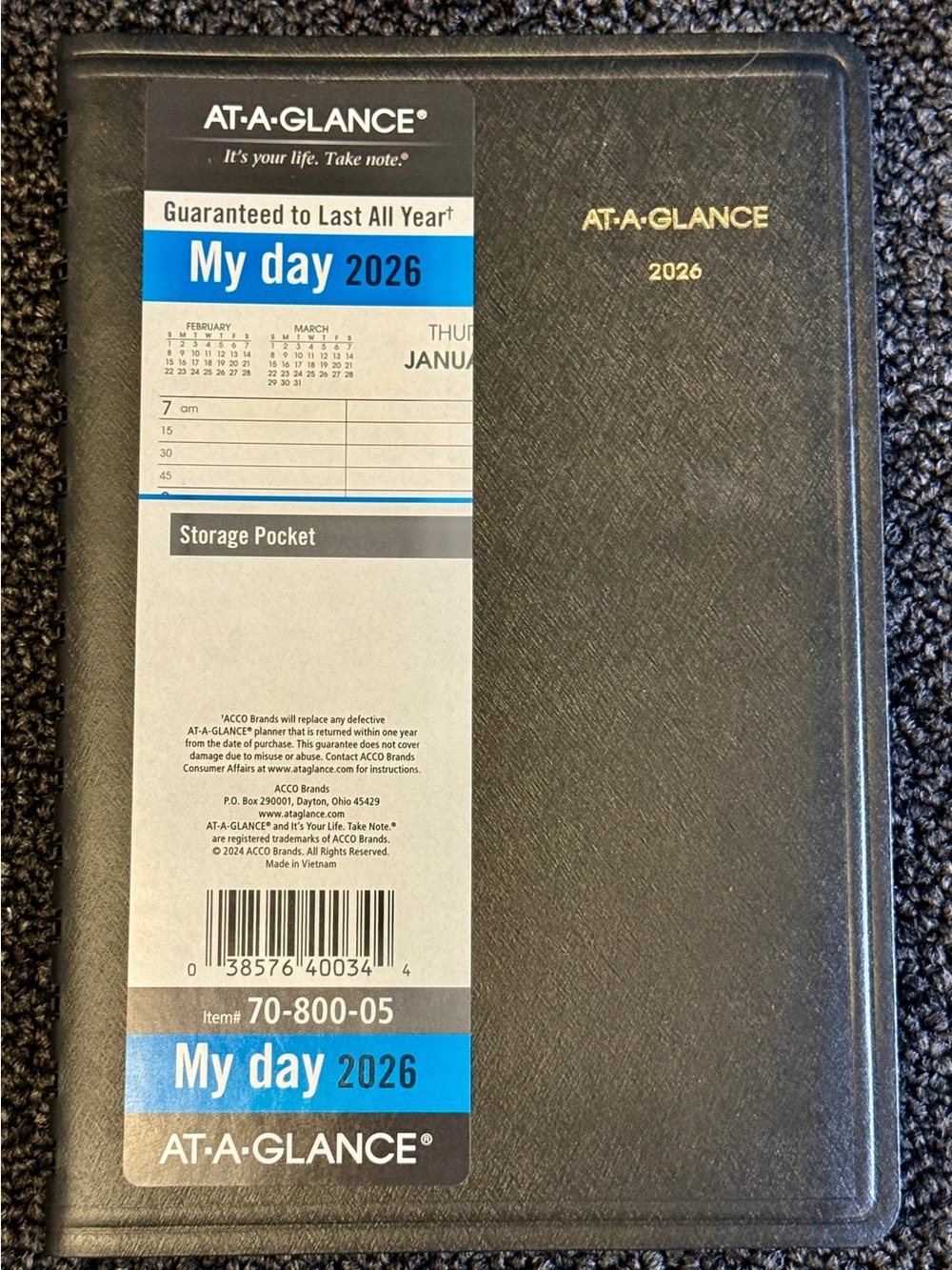 AT-A-GLANCE 2026 My Day Daily Appointment Planner Black Organizer NEW